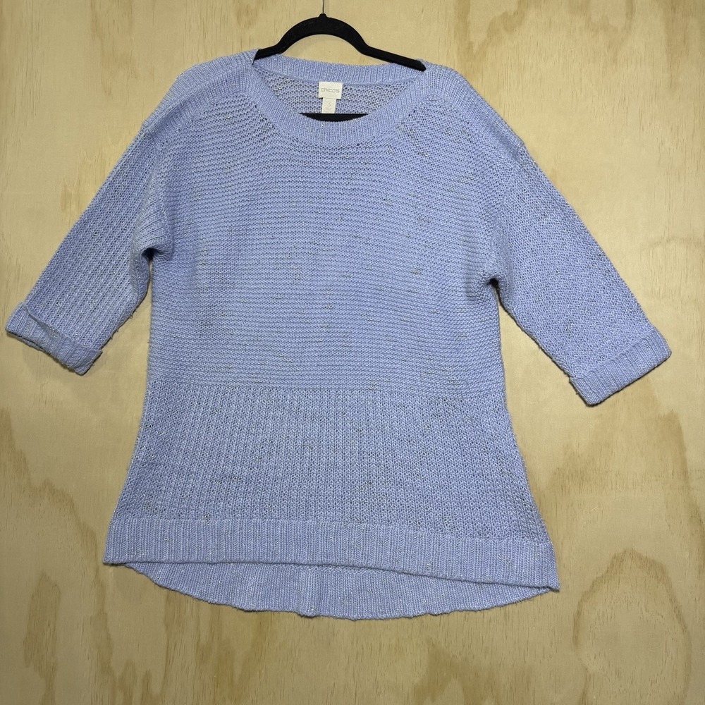 Chico's Sweater Womens Size 3 Blue Knit Metallic Crewneck 3/4 Sleeve Top